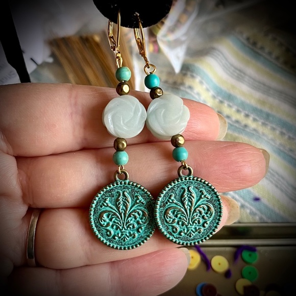 Handmade Turquoise, Amazonite & Patina Dangle Earrings - Boho Earrings - OOAK - Picture 7 of 7